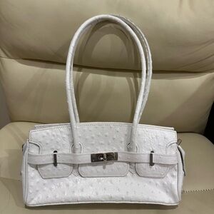 Ostrich White Leather Shoulder Bag Handbag